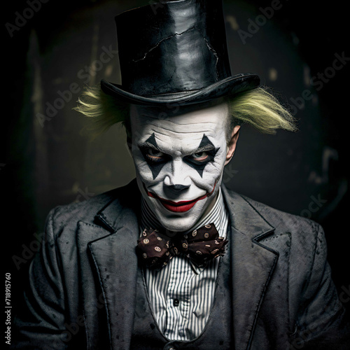 Scary clown in a top hat and suit. 