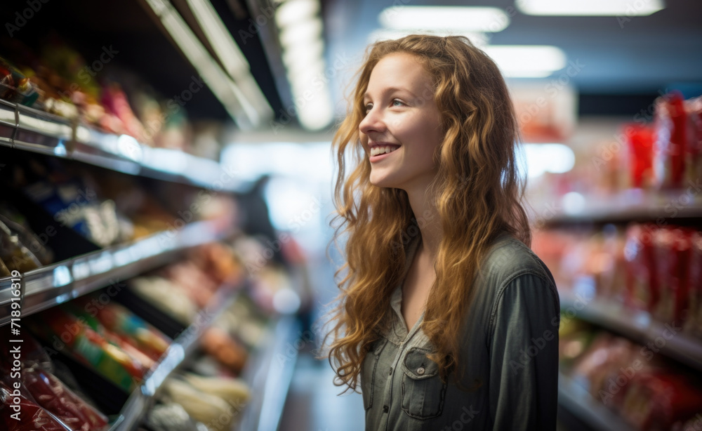 Portrait Of Millennial Lady Buying Food Groceries Walking In Supermarket. Female Customer Shopping Portrait Of Millennial Lady Buying Food Groceries Walking In Supermarket. Female Customer Shopping