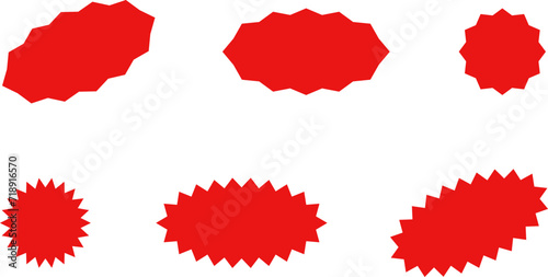 Starburst red sticker set - collection of special offer sale oval and round shaped sunburst labels and badges. Promo stickers with star edges. Vector illustration.