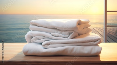 A pile of white towels on a table with a blurred background and a bright light spotlight effect. generative AI