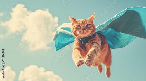A fearless feline soars through the sky, donning a billowing cape and basking in the freedom of the open air above fluffy white clouds