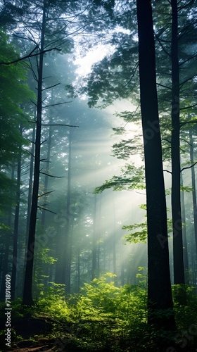 Mystical misty forest in the morning sunlight   Mystical misty forest  morning sunlight