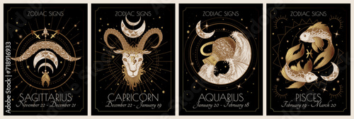 Vector set of the 4 second zodiac signs. Gold on a black background. Sagittarius, Capricorn, Aquarius, Pisces