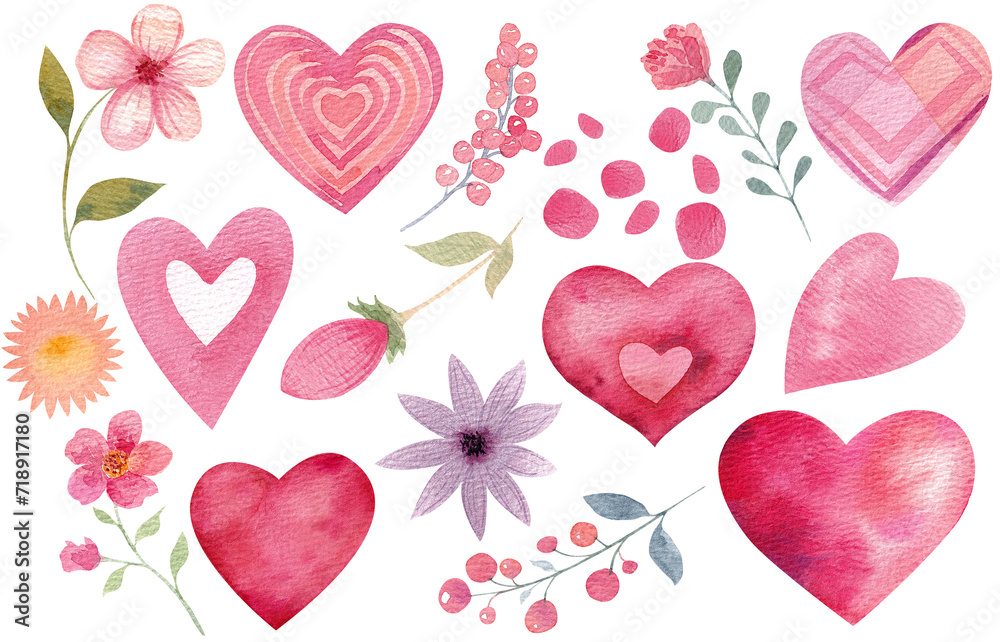 Watercolor, valentine day illustrations, hearts and flowers, invitations, decoration, cute, kawaii, pink