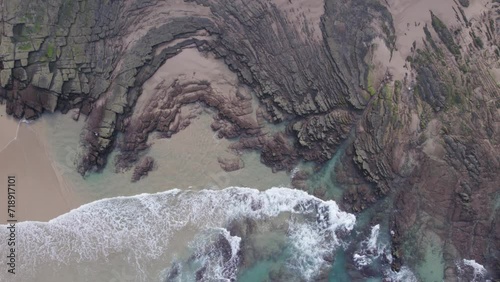 Drone Aerial Atlantic Ocean Seascape and Coastline Cliffs Top Down View, Texture Background Clip, Shot in Sagres, Algarve Destination Region, Portugal.