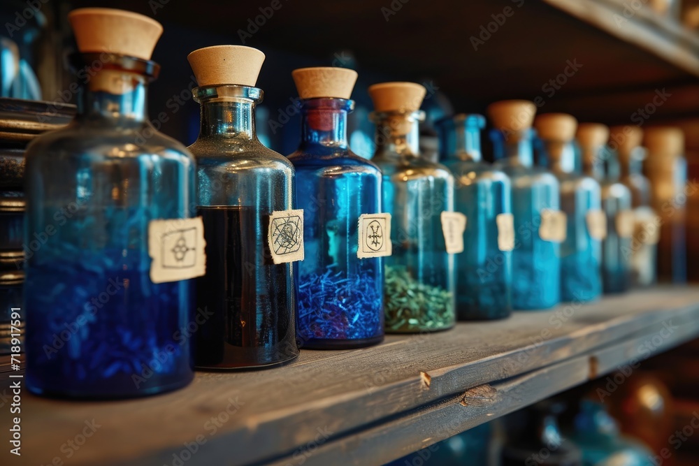 A close-up of a potion bottle with labels indicating magical ingredients A close-up of a potion bottle with labels indicating magical ingredients