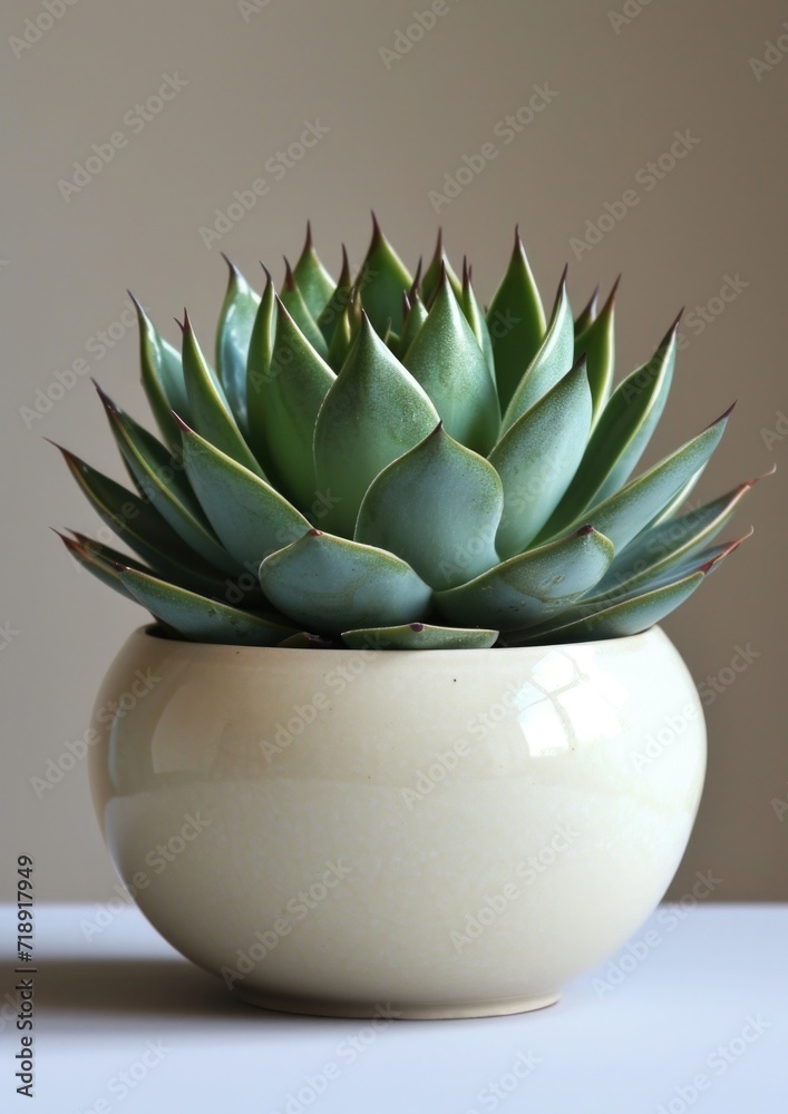 On a white surface, an 'Agave victoriae-reginae', with its tight rosette of spiny, green leaves, presented in a round, white pot with a smooth finish On a white surface, an 'Agave victoriae-reginae', with its tight rosette of spiny, green leaves, presented in a round, white pot with a smooth finish