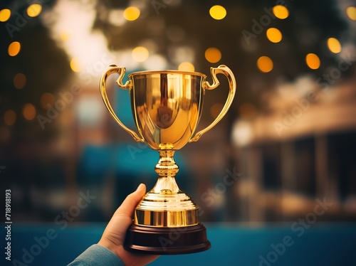 Someone is holding up a shiny gold trophy against a bokeh background. generative AI