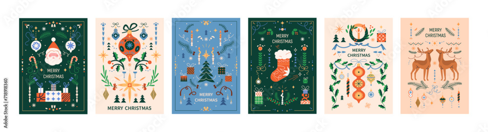 Merry Christmas cards set. Xmas posters with vintage ornaments, winter holiday patterns, santa, reindeer, tree, gift. Festive season postcards in retro Scandinavian style. Flat vector illustrations