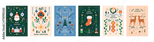 Merry Christmas cards set. Xmas posters with vintage ornaments, winter holiday patterns, santa, reindeer, tree, gift. Festive season postcards in retro Scandinavian style. Flat vector illustrations