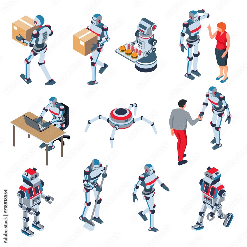 Fototapeta premium Robots isometric cartoon icons set