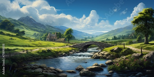 A peaceful countryside scene with rolling hills, a meandering river, and a rustic stone bridge.