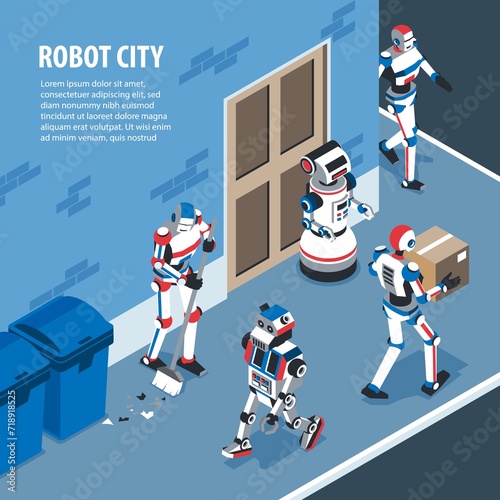 Robots city isometric cartoon composition