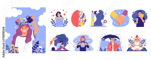 Mental health illustration and icons in flat style