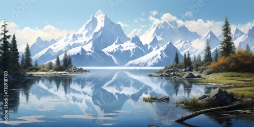 A peaceful lake surrounded by snow-capped mountains  with a reflection of the towering peaks in the calm water.