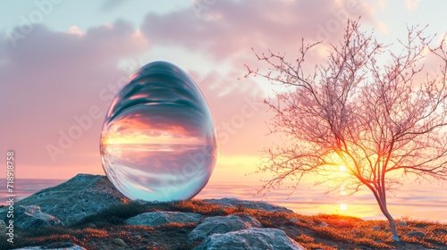 A solitary glass egg reflects the fiery hues of a winter sunset against a backdrop of a tranquil sky, towering trees, and rugged rocks, encapsulating the beauty of nature's ever-changing landscape photo