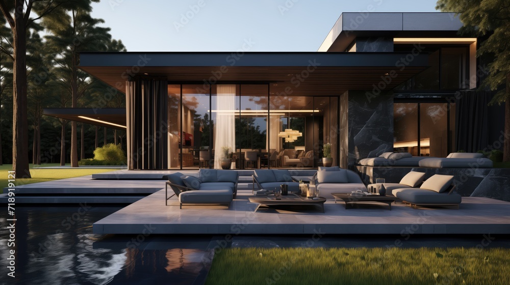 Fototapeta premium modern dark villa with open plan living and private chair wing with small terrace for relaxation