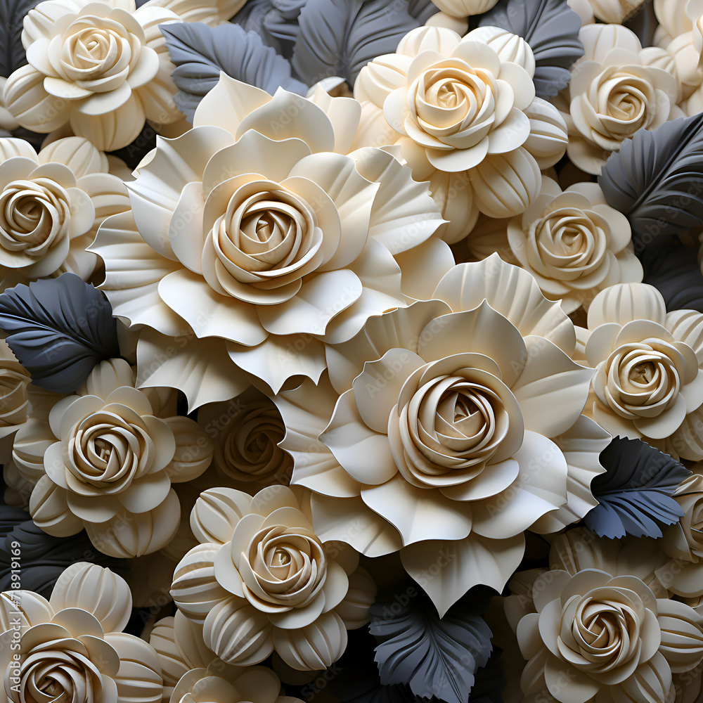 3d render of beige and white paper roses. Floral background 3d render of beige and white paper roses. Floral background