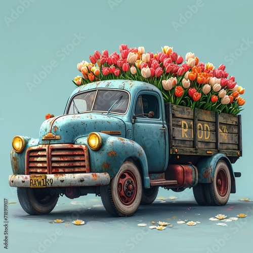 Ride the Wave: A Vintage Truck Carrying a Flower-Filled Ridod Generative AI photo