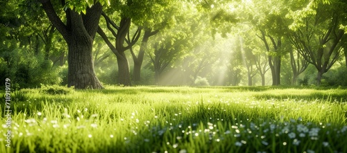 A vibrant meadow, filled with blooming flowers and lush green grass, is embraced by the warmth of the sun's rays, as towering trees stand tall in the peaceful forest beyond