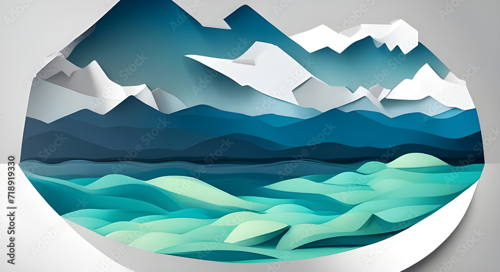 Illustration of an abstract sea and mountains paper cut art.