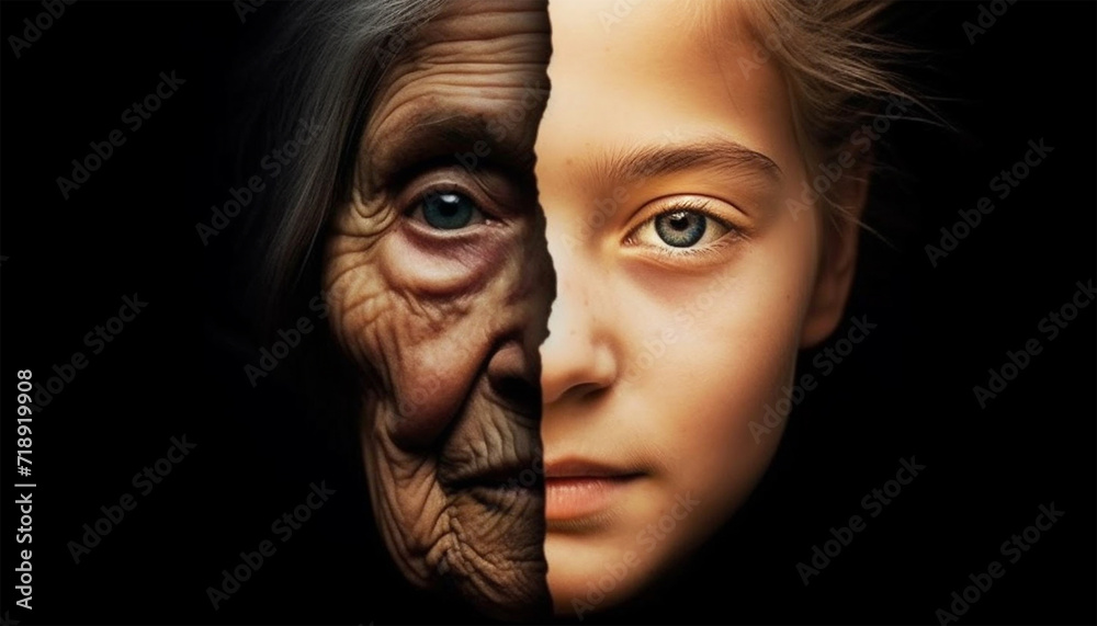 Fototapeta premium Two generations. A grandmother and granddaughter. The faces of a young and elderly women. The aging process. Half young child, half senior woman portrait
