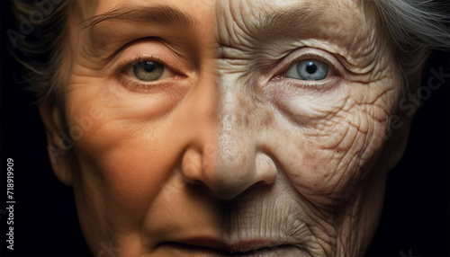 Two generations. A grandmother and granddaughter. The faces of a young and elderly women. The aging process. Half young child, half senior woman portrait