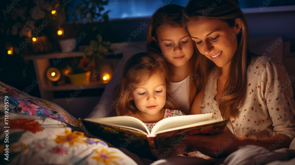 Mamá leyendo un cuento a su hija fomentando la lectura y desarrollando la imaginación. - obrazy, fototapety, plakaty 