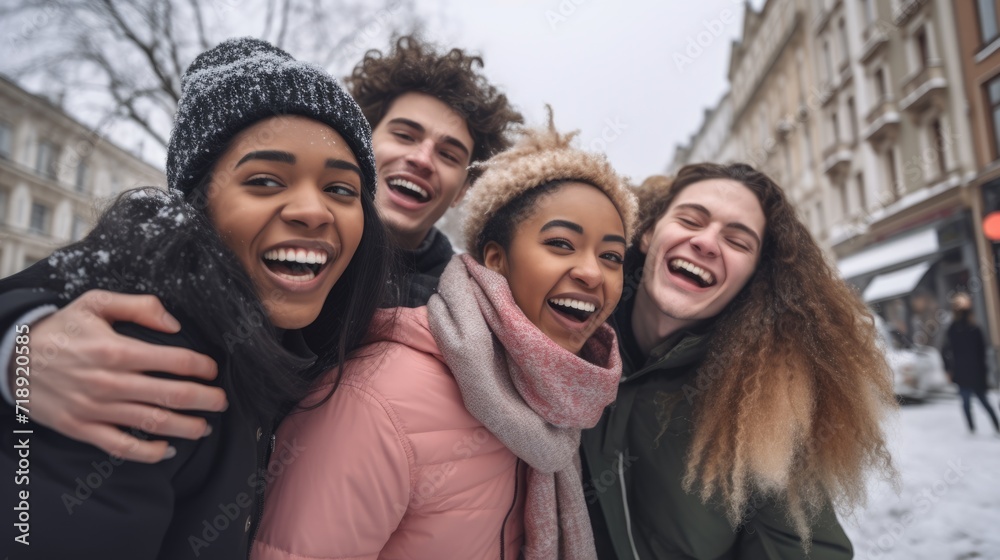 group of friends having fun together outdoors, Young cheerful people walking outside in winter group of friends having fun together outdoors, Young cheerful people walking outside in winter