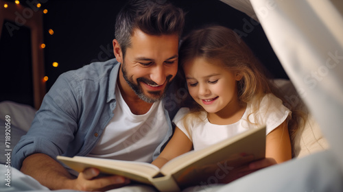 Papá leyendo un cuento a su hija fomentando la lectura y desarrollando la imaginación photo