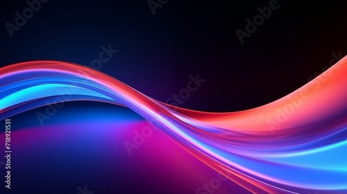 Glowing neon waves abstract background. Bright smooth luminous lines on a dark background. Decorative horizontal banner. Digital raster bitmap illustration. Purple, pink and blue colors. AI artwork.