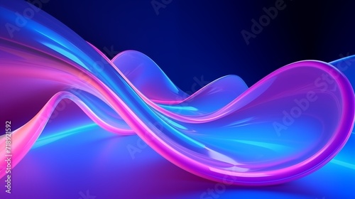 Glowing neon waves abstract background. Bright smooth luminous lines on a dark background. Decorative horizontal banner. Digital raster bitmap illustration. Purple, pink and blue colors. AI artwork.