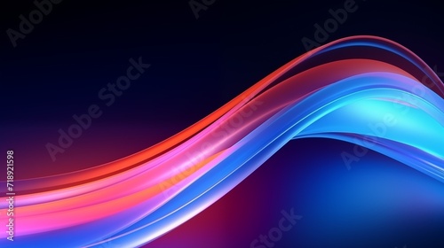 Glowing neon waves abstract background. Bright smooth luminous lines on a dark background. Decorative horizontal banner. Digital artwork raster bitmap illustration. Purple, pink and blue colors. 