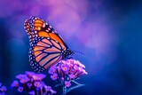 A majestic monarch butterfly delicately perches on a vibrant purple flower, gracefully showcasing its role as a vital pollinator in the great outdoors