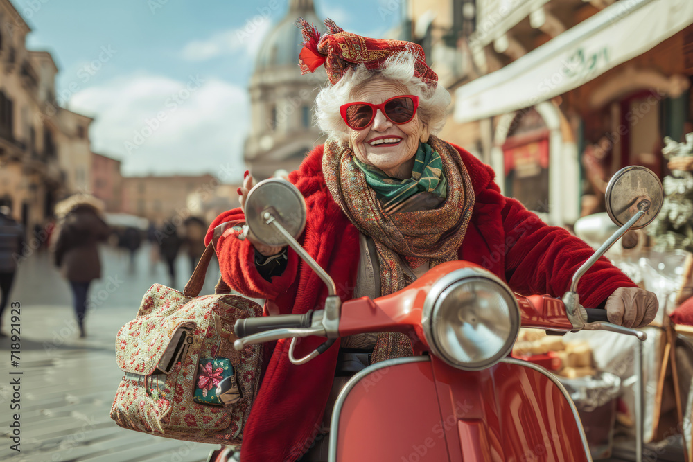 Vibrant Senior Lady on Red Scooter