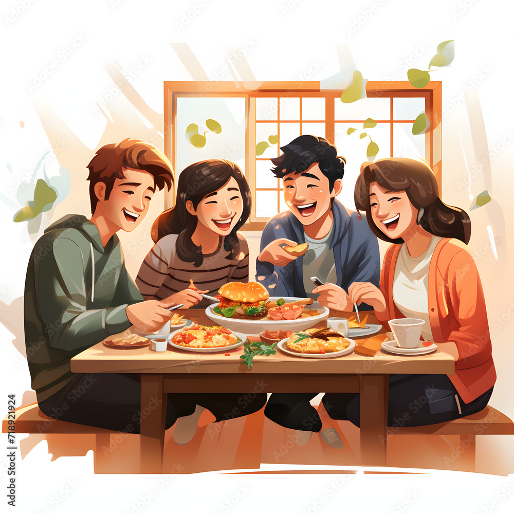 Group of friends sharing a meal in a communal living space isolated on white background, cartoon style, png
