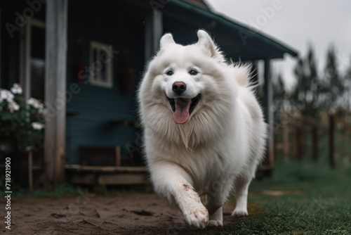 Happy excited dog Samoyed running in the yard of the house during the day. Copy space. World Run Day