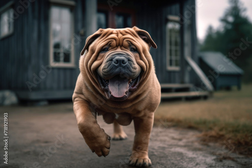 Happy excited dog Sharpei running in the yard of the house during the day. Copy space. World Run Day