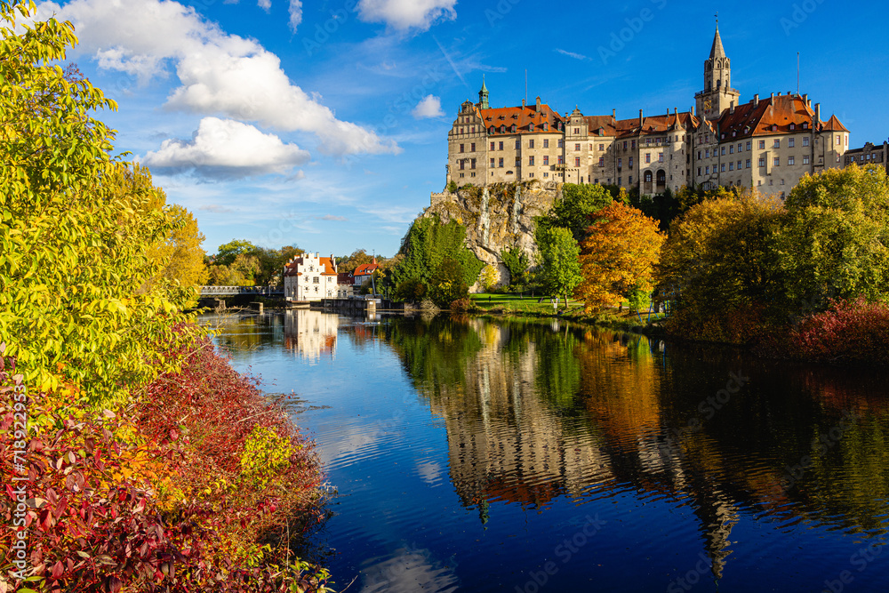 Sigmaringen Hohenzollern castle in the evening with reflection in the river Danube