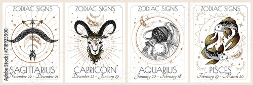 Vector set of the 4 second zodiac signs. Gold on a white background. Sagittarius, Capricorn, Aquarius, Pisces