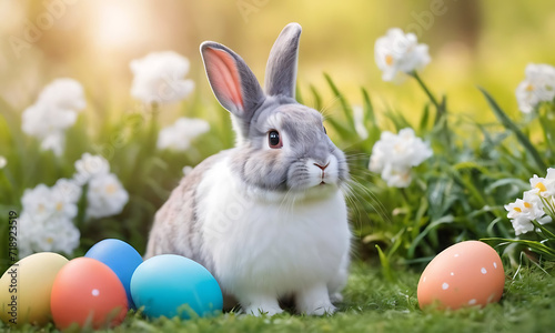 cute easter bunny sitting with colored easter eggs sitting outside against a background of flowers in nature.