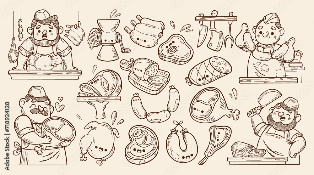 Hand drawn cartoon butchery original elements collection with butchers and different types of meat Hand drawn cartoon butchery original elements collection with butchers and different types of meat