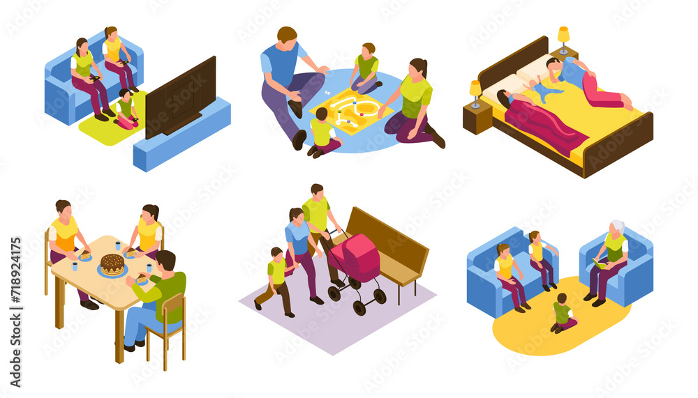 Fototapeta premium Isometric cartoon family scene mini composition set