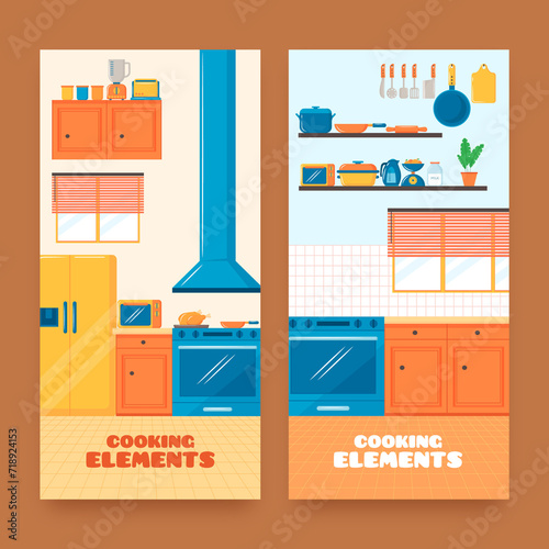 Hand Drawn flat cartoon Cooking elements banner set