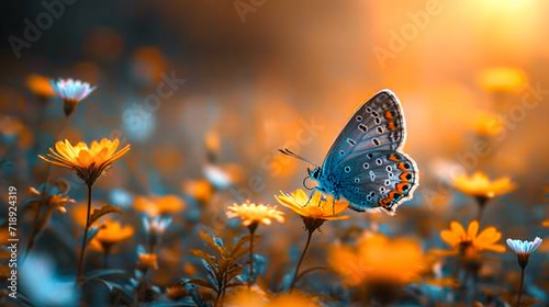 A Blue Butterfly in a Field of Yellow Flowers Generative AI photo