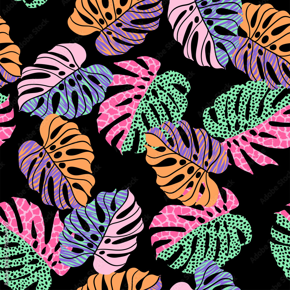 Bright tropical leaves seamless vector pattern with leopard skin print and animal skin, palm leaves in hot pink and black background. Summer fashion for teens, girls and ladies. Girly and pretty