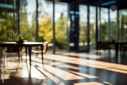 Modern glass house interior on a sunny day with a cozy workspace, featuring a chair and table for work and coffee. Beautifully blurred background showcasing panoramic windows and lovely lighting.