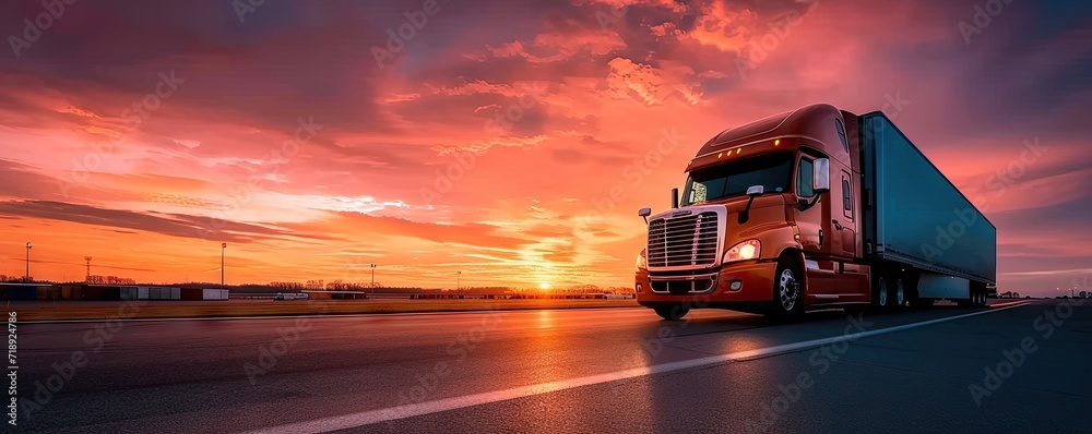 Semi truck in full motion transporting goods along highway. Picture of truck vital cog in wheel of commerce and logistics. Inclusion of sunset and sky dimension of time and natural beauty
