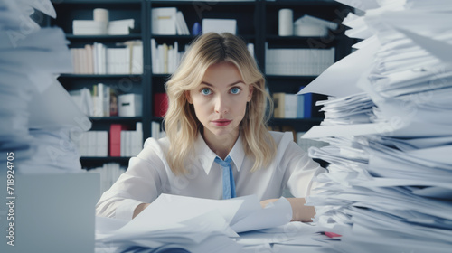 A worried woman doing financial planning surrounded by lots of paper.	
