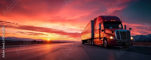 Semi truck in full motion transporting goods along highway. Picture of truck vital cog in wheel of commerce and logistics. Inclusion of sunset and sky dimension of time and natural beauty photo